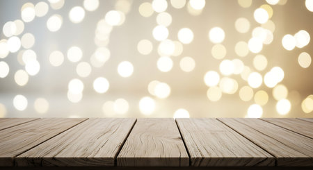 A weathered wooden tabletop with visible grain and texture sits in the foreground, set against a dreamy, out-of-focus background of warm, glowing bokeh lights, perfect for showcasing products.の素材
