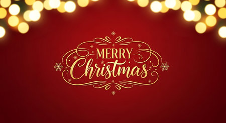 A beautiful and festive Merry Christmas greeting is centrally displayed in ornate golden typography. The deep red background is adorned with soft, glowing bokeh lights, creating a warm and inviting holiday atmosphere.の素材