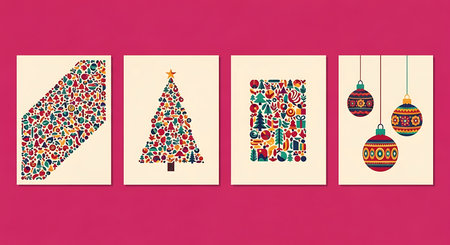 Four minimalist Christmas card designs showcase abstract patterns of festive elements, a stylized Christmas tree, and hanging ornaments. The color palette of red, green, and gold evokes a classic holiday feel.の素材