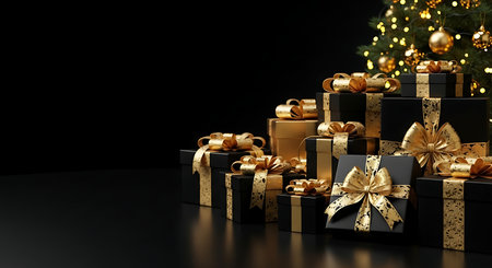 A collection of elegantly wrapped gifts in gold and black hues sits beneath a beautifully illuminated Christmas tree, evoking a sense of opulence and holiday cheer.の素材