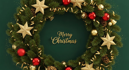 This detailed image showcases a vibrant Christmas wreath, featuring a rich green evergreen base, accented with golden star ornaments, classic red baubles, and natural pinecones, all centered around a warm "Merry Christmas" message.の素材