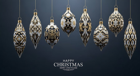 A collection of intricately designed, elongated Christmas ornaments hangs suspended against a deep, textured background. The ornaments feature a repeating pattern of black and white.の素材