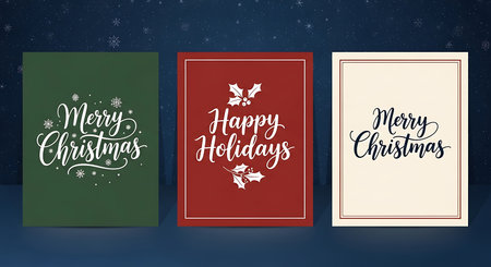 Three distinct greeting cards are displayed side by side. The left card is green with 'Merry Christmas' in white script. The middle card is red with 'Happy Holidays' in white script and small floral accents. The right card is cream with 'Merry Christmas' in black script.の素材