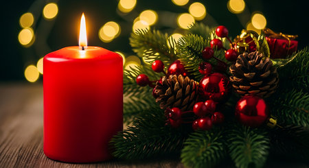 A vibrant red pillar candle glows warmly, its flame reaching upwards. Adjacent, a lush green Christmas garland is decorated with natural pinecones and shiny red berries, set against a bokeh background.の素材