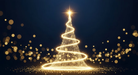 An ethereal golden Christmas tree formed by swirling light, adorned with sparkling bokeh and a radiant star, evokes a sense of wonder and festive magic on a deep blue background.の素材