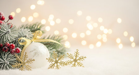 A serene and elegant Christmas composition featuring frosted evergreen branches adorned with red holly berries and a delicate white ornament. Soft, warm bokeh lights create a magical, festive atmosphere, perfect for holiday greetings.の素材