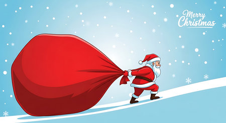 Santa Claus, dressed in his iconic red suit, struggles to pull an enormous red sack overflowing with presents up a snow-covered incline. Gentle snowflakes drift down from the sky.の素材