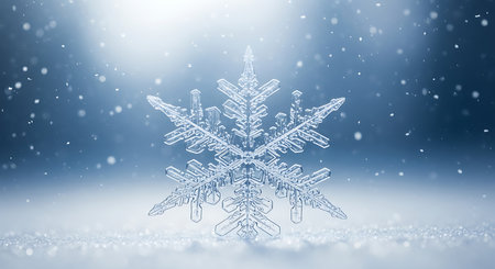 A stunningly detailed macro photograph of a single, complex ice crystal snowflake. Soft blue light illuminates the snowflake, with a gentle snowfall creating a magical winter atmosphere.の素材