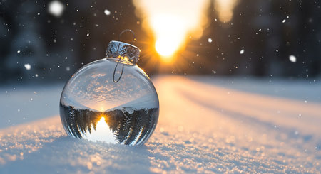 A clear glass Christmas ornament sits on a snow-covered ground. The setting sun casts long shadows and a warm golden light, illuminating the falling snow.の素材