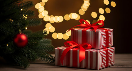 Two beautifully wrapped gift boxes with red bows are stacked on a wooden surface. A Christmas tree with ornaments is to the left, and blurred warm lights fill the background.の素材