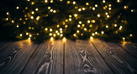 A dark, rustic wooden table with visible grain sits in the foreground, illuminated by the soft, out-of-focus glow of numerous warm yellow Christmas lights creating a bokeh effect in the background.の素材