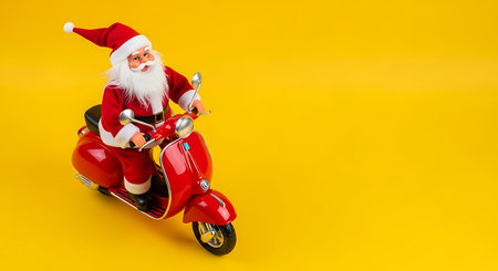 A playful Santa Claus figure, dressed in his iconic red suit, is depicted riding a shiny red scooter. The scene is set against a bold, solid yellow backdrop, evoking a sense of fun and holiday spirit.の素材