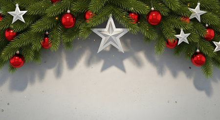 A lush green Christmas tree garland is decorated with shiny red baubles and sparkling silver star ornaments, casting gentle shadows on a light-colored surface, creating a warm holiday atmosphere.の素材