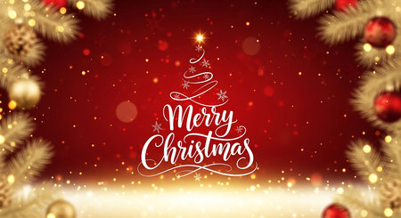 A radiant red background with falling snow and bokeh lights frames a stylized Christmas tree silhouette adorned with elegant "Merry Christmas" lettering. Golden fir branches and red ornaments add a festive touch.の素材