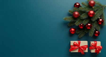 A close-up, top-down view of a festive Christmas tree branch adorned with glossy red baubles, positioned next to two beautifully wrapped gifts tied with red ribbon on a solid teal surface.の素材