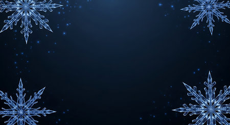 Four detailed, luminous blue snowflakes are positioned at the corners of a dark, deep blue background. Tiny sparkling particles float around, creating a sense of a magical winter night.の素材