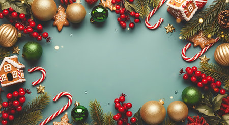 A top down view of a circular Christmas border arrangement. It features golden ornaments, red berries, green baubles, candy canes, and gingerbread houses on a teal surface.の素材
