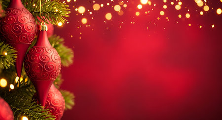 Close-up view of ornate red Christmas baubles hanging on a vibrant green fir tree. Soft golden bokeh lights shimmer in the background, creating a warm and magical holiday atmosphere.の素材