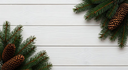 Two lush evergreen branches, adorned with natural pinecones, are artfully placed on a clean white wooden plank background. This composition exudes a cozy, rustic, and festive holiday atmosphere.の素材