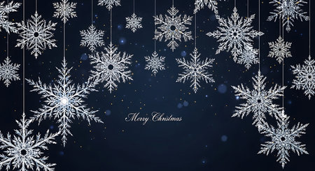 Intricate white snowflakes of various sizes hang suspended against a deep blue backdrop. Subtle sparkling effects and a 'Merry Christmas' message evoke a sense of winter wonder and seasonal cheer.の素材