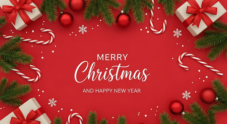 A joyous Merry Christmas message is centrally displayed on a bright red background, framed by festive elements like wrapped gifts, candy canes, ornaments, and lush evergreen branches.の素材