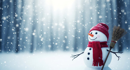 A friendly snowman, adorned with a red scarf and hat, stands in a tranquil, snow-covered forest. Gentle snowflakes fall, illuminated by soft, ethereal light filtering through the trees.の素材