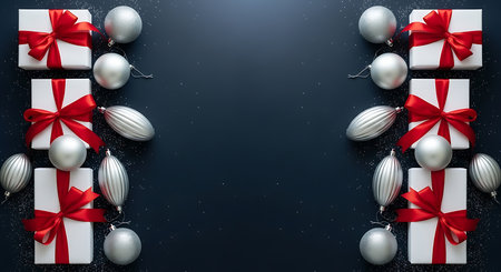 Symmetrical arrangement of white Christmas gift boxes tied with red ribbons and silver oval ornaments on a dark, textured background, creating a festive holiday scene.の素材