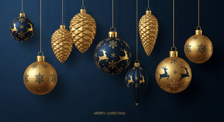 A collection of luxurious Christmas ornaments, featuring golden pinecones, oval baubles with intricate designs, and dark blue spherical decorations, artfully arranged against a deep navy backdrop.の素材