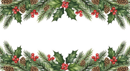 A charming watercolor illustration features a lush Christmas garland with vibrant green pine needles, deep green holly leaves, bright red berries, and textured pinecones, forming an elegant festive border.の素材