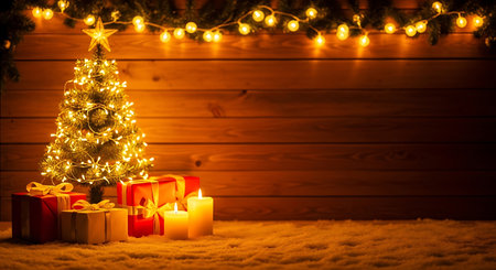 A festive and inviting Christmas scene featuring a small, illuminated tree adorned with lights and a star. Presents are nestled at its base, alongside flickering candles, creating a warm ambiance.の素材