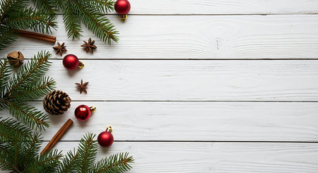 A festive Christmas border adorns the left side of a white wooden surface. Evergreen branches, red baubles, pinecones, and cinnamon sticks create a warm, seasonal arrangement.の素材