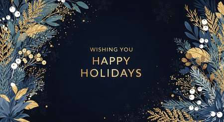 A dark, sophisticated holiday greeting card with a central text area wishing 'Happy Holidays' in elegant gold lettering, framed by rich, dark foliage, pine needles, berries, and golden accents.の素材