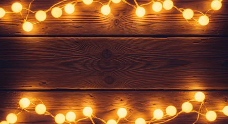 A top down view of warm amber fairy lights strung across a dark wooden plank background. The lights create a festive, cozy, and inviting atmosphere perfect for holiday decorations.の素材