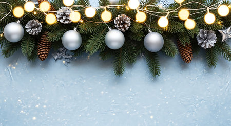 A close-up view of a lush green Christmas garland decorated with shiny silver ornaments and warm, glowing string lights. The background is a soft, frosted blue, creating a magical winter atmosphere.の素材