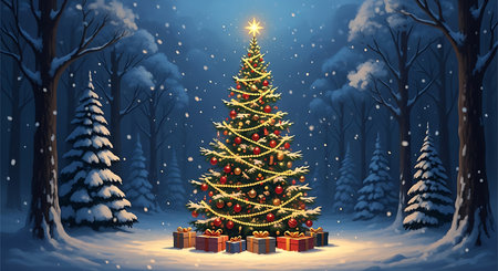 A beautifully decorated Christmas tree stands tall in a snowy forest clearing, adorned with glowing lights and presents. Snowflakes gently fall, creating a magical and festive winter scene.の素材