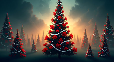 A magical winter forest scene unfolds with a grand, illuminated Christmas tree as the centerpiece, adorned with red ornaments and white lights, evoking a festive and enchanting holiday spirit.の素材
