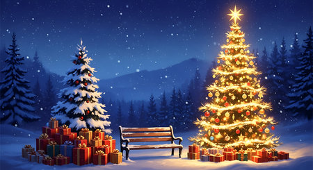 A magical winter evening unfolds with a brightly lit Christmas tree and a snow-covered pine tree adorned with presents. A wooden bench sits between them, inviting quiet contemplation under a starry, snowy sky.の素材