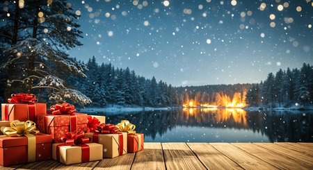 A picturesque winter landscape on Christmas Eve, featuring a stack of beautifully wrapped gifts on a wooden surface. A tranquil lake reflects the warm glow of distant lights amidst snow-covered trees.の素材