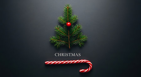 A small, decorated Christmas tree with a red ornament sits above a striped candy cane on a dark, textured background, evoking a minimalist and festive holiday spirit.の素材