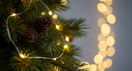 A detailed view of evergreen branches adorned with small pine cones and delicate, warm-toned fairy lights. The background features a soft, out-of-focus bokeh effect from more lights.の素材
