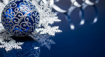 A close-up view of a dazzling blue Christmas ornament featuring delicate silver scrollwork, resting on a bed of shimmering white snowflakes. The scene is set against a dark, reflective blue background, evoking a festive and luxurious holiday atmosphere.の素材