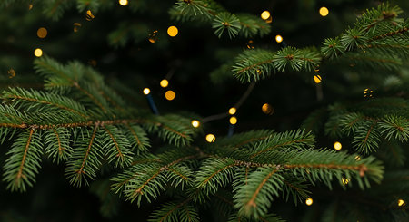 A detailed view of a natural evergreen Christmas tree, its branches adorned with small, warm fairy lights that twinkle, evoking a cozy and celebratory winter season.の素材