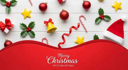 A vibrant overhead view showcases an assortment of Christmas ornaments, holly, candy canes, and a Santa hat arranged on a white wooden background, inviting festive cheer.の素材