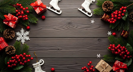 A charming Christmas flat lay arrangement featuring ice skates, red berries, pinecones, and gift boxes, all artfully placed on a dark, textured wooden surface.の素材