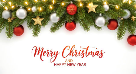 A lush green Christmas garland adorned with red and silver baubles, golden stars, and twinkling fairy lights. The festive decoration is set against a clean white background with a handwritten "Merry Christmas and Happy New Year" message.の素材