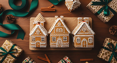 A charming overhead view showcases three detailed gingerbread houses adorned with white royal icing, set against a rustic wooden background, surrounded by festive elements like ribbons and pinecones.の素材
