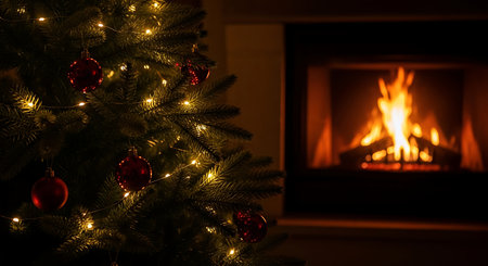 A festive and warm scene unfolds with a close-up of a decorated Christmas tree adorned with twinkling lights and ornaments, juxtaposed with a softly glowing fireplace.の素材