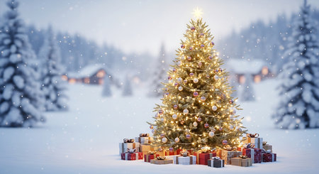 A festive Christmas tree glows with warm lights in a serene, snow-covered village. Presents are nestled at its base, creating a magical holiday scene.の素材