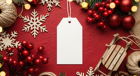A top down view of a festive Christmas scene. A blank white gift tag is centrally placed, framed by red berries, snowflakes, pine branches, and twinkling lights.の素材