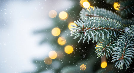 A detailed macro view of a snow-dusted evergreen branch, illuminated by warm, bokeh Christmas lights. The soft focus and gentle snowfall evoke a serene and festive winter mood.の素材
